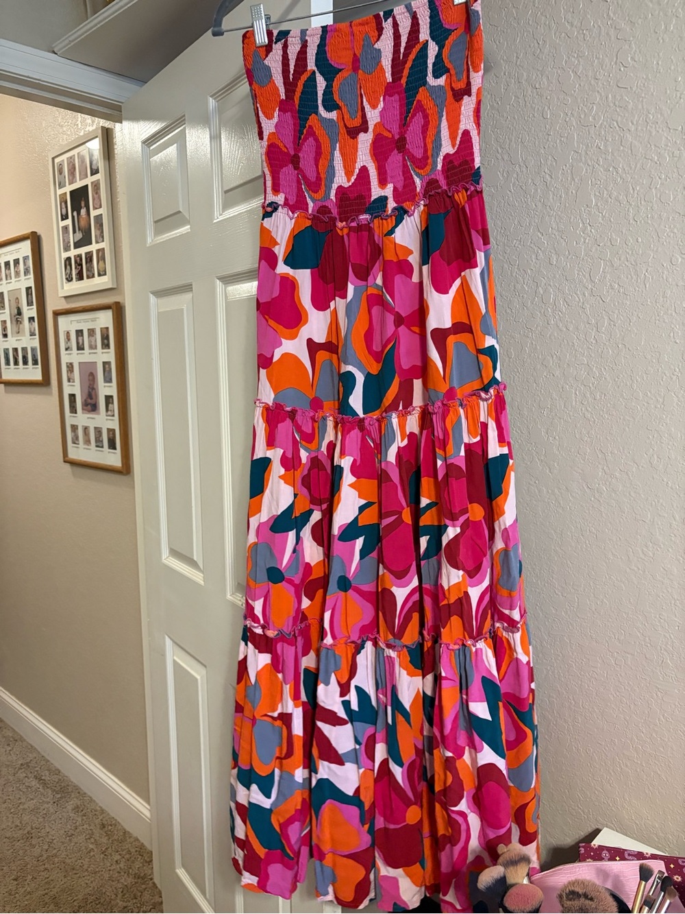 Vibrant Pink Floral Tiered Maxi dress - strapless